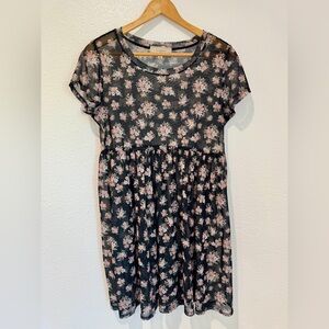 Black Pink Floral Sheer Short Sleeve Babydoll Mini Dress 90s Style Size M